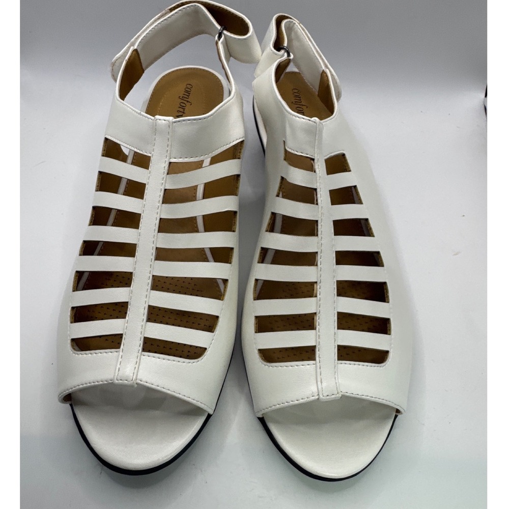 Comfortview‎ Suki White Gladiator Cage Sandals Slingback Wedge Womens 10.5 WW